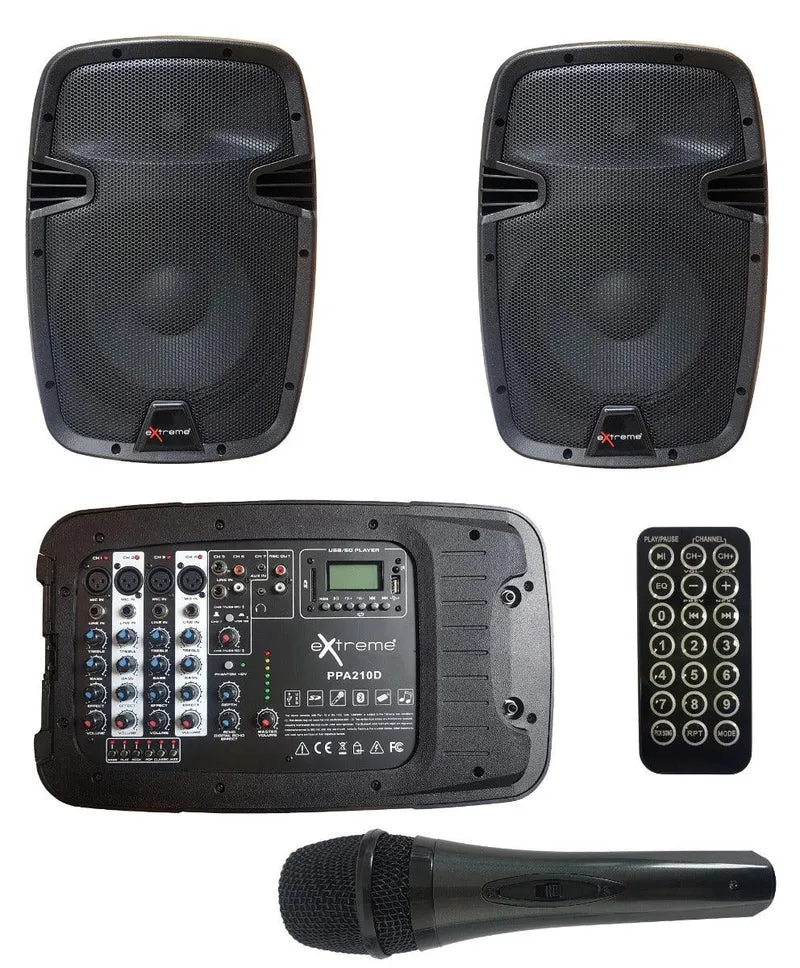 EXTREME PPA210D COMBO CASSE+MIXER+REVERBERO+PLAYER BLUETOOTH USB SD+MICROFONO+3 CAVI / BUNDLE SISTEMA PA PORTATILE COMPATTO 200W 4 IN XLR 2 STEREO JACK