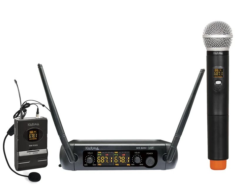 KARMA SET 8202PL Doppio radiomicrofono UHF con palmare ed archetto