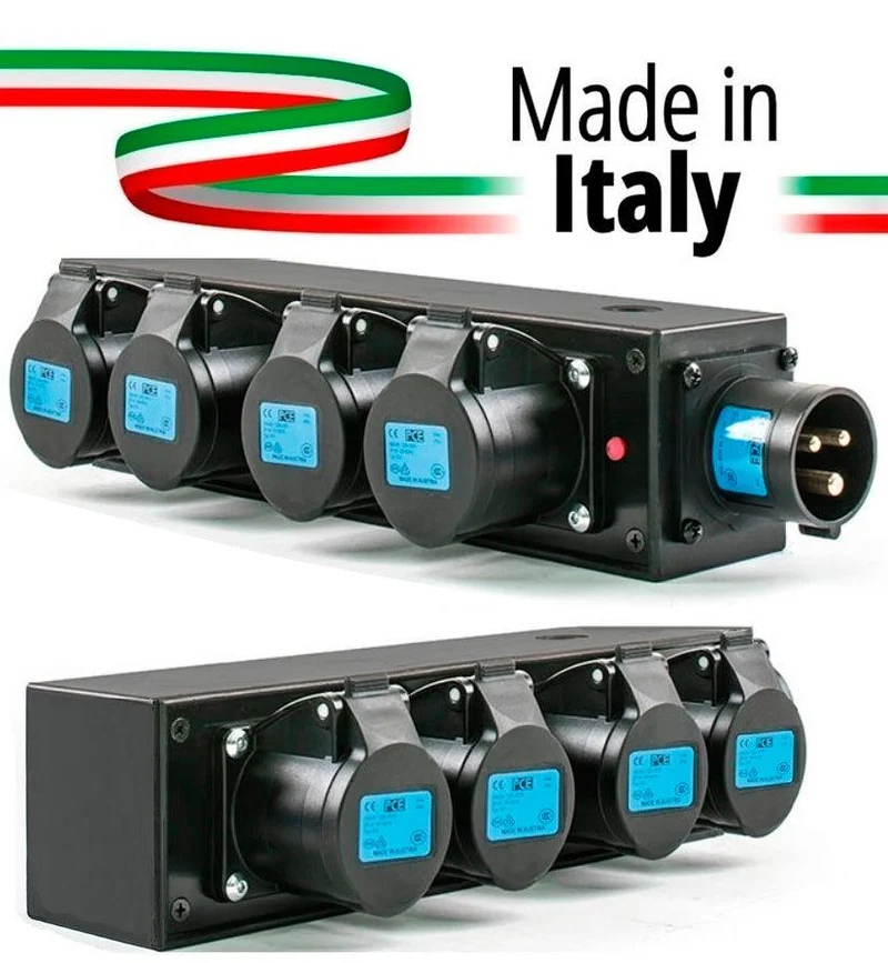 POWERBOX NERO CIABATTA ALIMENTAZIONE PALCO MADE IN ITALY SPIA RETE INGRESSO SPINA 16A 3P+N+T USCITE 4 X 16A