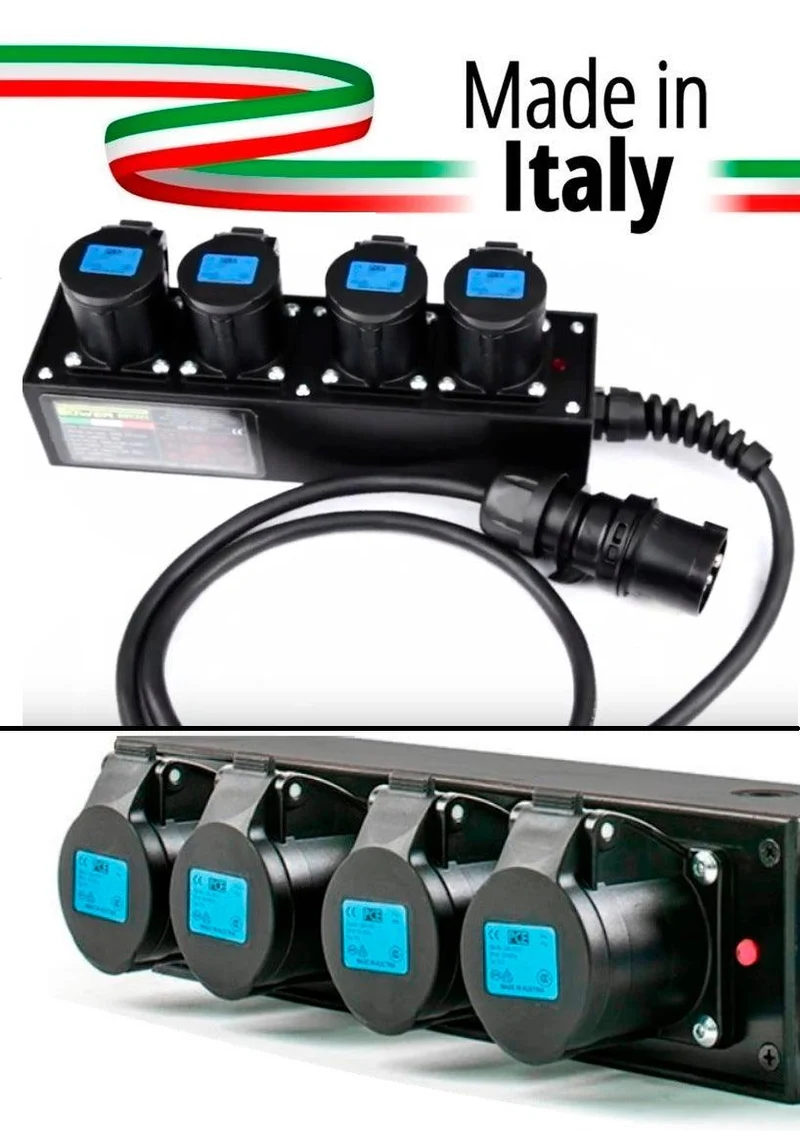 POWERBOX NERO CIABATTA ALIMENTAZIONE PALCO MADE IN ITALY SPIA RETE INGRESSO SPINA VOLANTE 16A 3P+N+T USCITE 4 X 16A