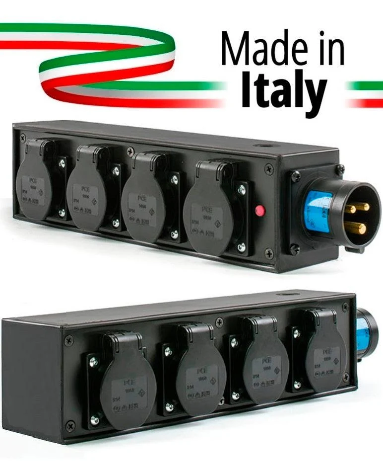 POWERBOX NERO CIABATTA ALIMENTAZIONE PALCO MADE IN ITALY SPIA RETE INGRESSO SPINA 16A 3P 4-USCITE SHUKO+10A IP54