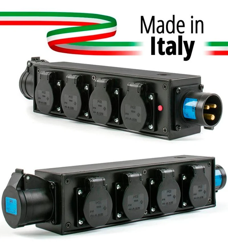 POWERBOX NERO CIABATTA ALIMENTAZIONE PALCO MADE IN ITALY SPIA RETE INGRESSO SPINA 16A 3P 4-USCITE SHUKO+10A IP54 E PRESA LOOP OUT 16A