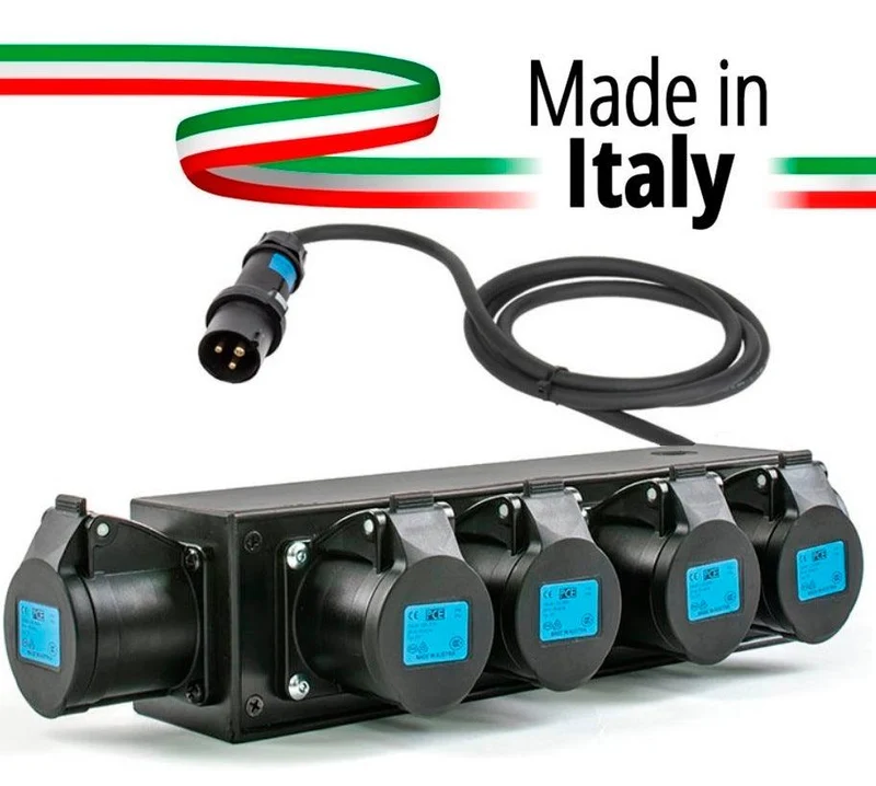 POWERBOX NERO CIABATTA ALIMENTAZIONE PALCO MADE IN ITALY SPIA RETE INGRESSO SPINA VOLANTE 16A 3P USCITE 5 PRESE 16A 3P+N+T
