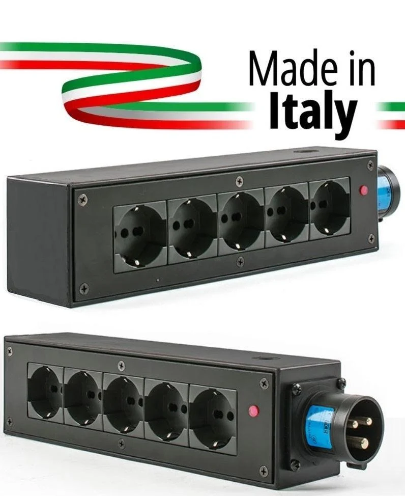 POWERBOX NERO CIABATTA ALIMENTAZIONE PALCO MADE IN ITALY SPIA RETE INGRESSO SPINA 16A 3P+N+T USCITE 5 X SCHUKO 16A 3P IP2X