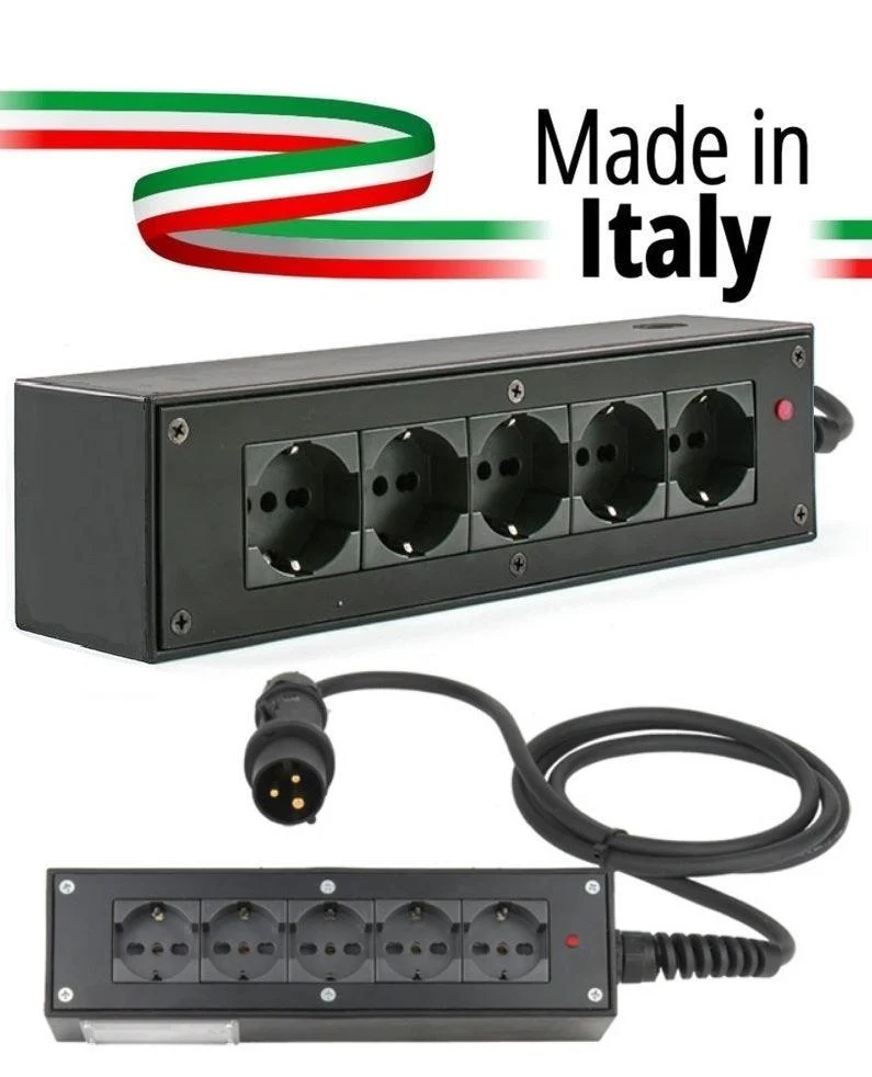 POWERBOX NERO CIABATTA ALIMENTAZIONE PALCO MADE IN ITALY SPIA RETE INGRESSO SPINA VOLANTE PCE 16A 3P+N+T USCITE 5 X SCHUKO 16A 3P IP2X