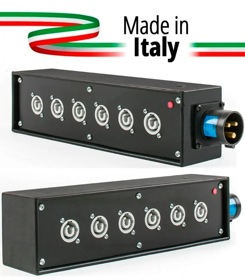POWER-BOX NERO CIABATTA ALIMENTAZIONE PALCO POWERCON MADE IN ITALY SPIA RETE INGRESSO 16A 3P USCITE 6 20AMP POWER-OUT GREY