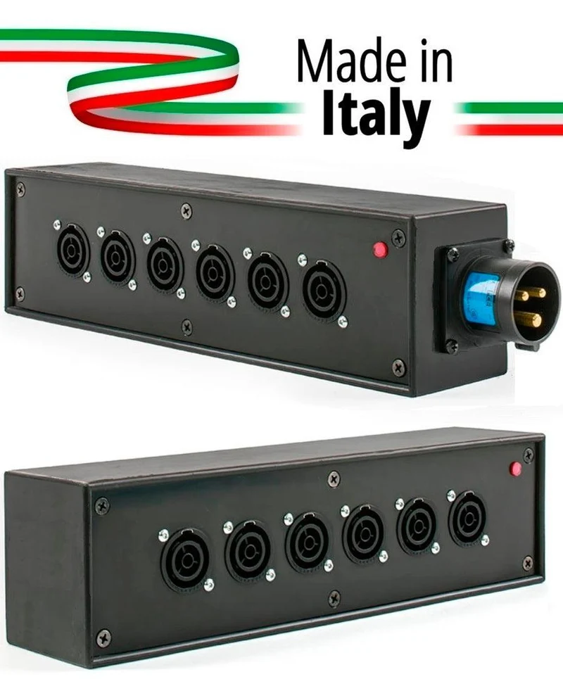 POWER-BOX NERO CIABATTA ALIMENTAZIONE PALCO POWERCON MADE IN ITALY SPIA RETE INGRESSO 16A 3P USCITE 6 POWERCON TRUE1 16A