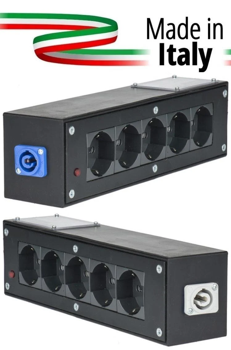 POWER-BOX NERO CIABATTA ALIMENTAZIONE PALCO MADE IN ITALY SPIA RETE INGRESSO NEUTRIK POWERCON BLU 16A 3P POWER-IN USCITE 5 SCHUKO LOOP 20A POWER-OUT GREY