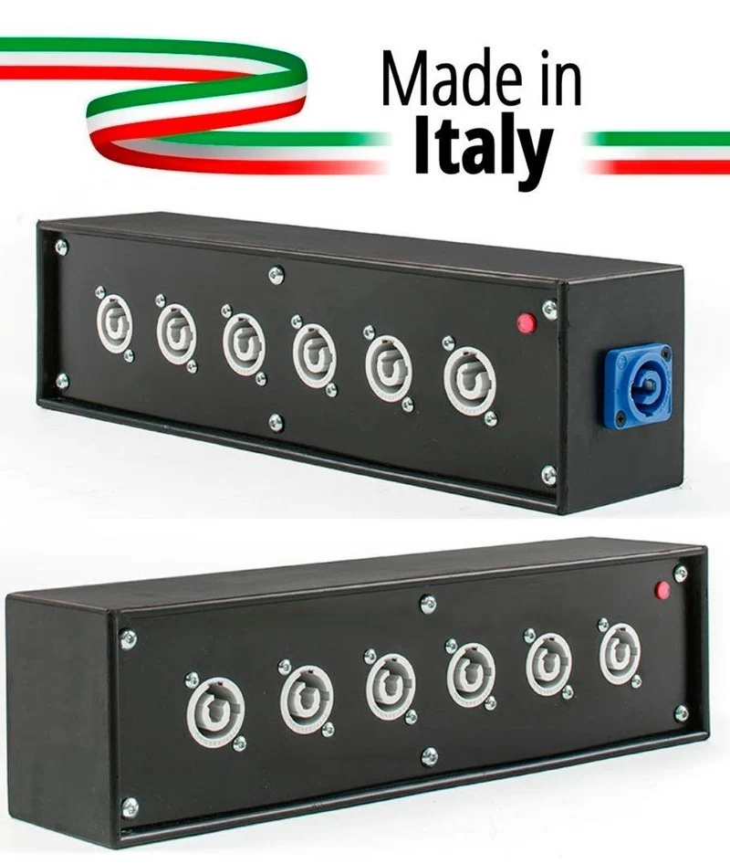 POWER-BOX NERO CIABATTA ALIMENTAZIONE PALCO POWERCON MADE IN ITALY SPIA RETE INGRESSO 20A NEUTRIK POWER-IN BLUE 6 20AMP POWER-OUT GREY