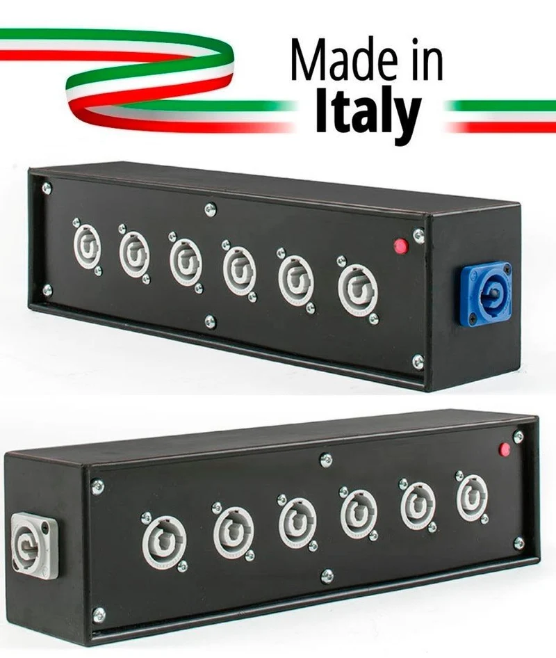 POWER-BOX NERO CIABATTA ALIMENTAZIONE PALCO POWERCON MADE IN ITALY SPIA RETE INGRESSO 16A 3P USCITE 6 20AMP POWER-OUT GREY LOOP 20A POWER-OUT