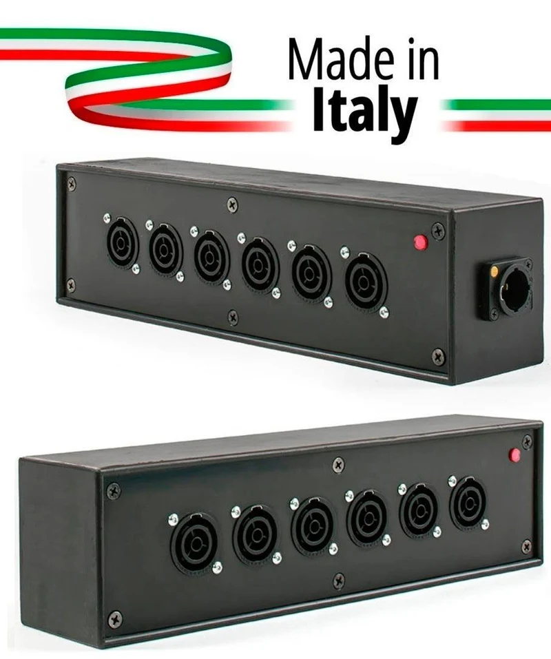 POWER-BOX NERO CIABATTA ALIMENTAZIONE PALCO POWERCON MADE IN ITALY SPIA RETE INGRESSO POWERCON TRUE1 16A USCITE 6 TRUE1 16A