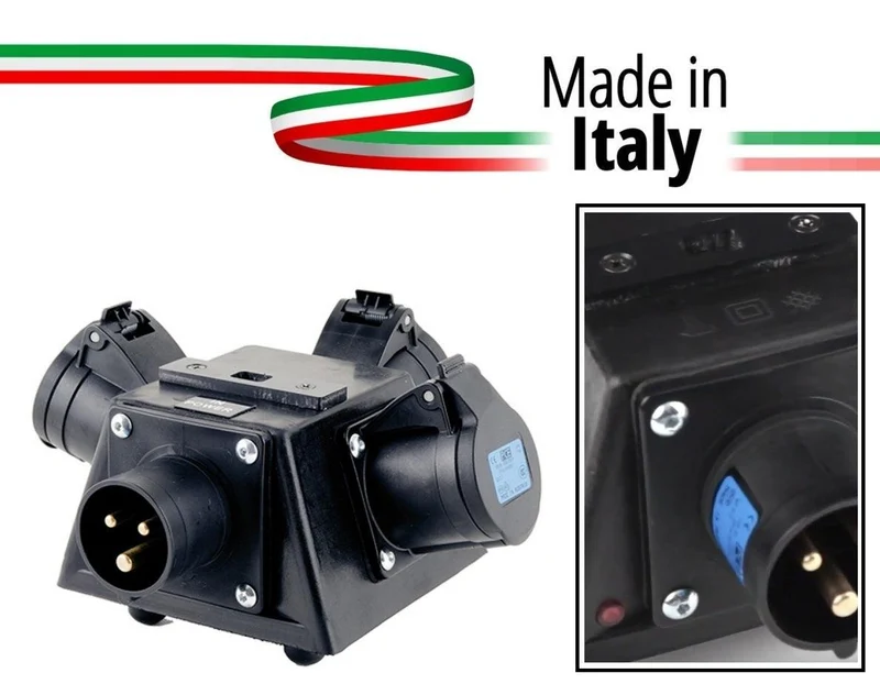 POWER-BOX NERO SPLITTER PALCO/TRUSS CIABATTA ALIMENTAZIONE MADE IN ITALY SPIA RETE INGRESSO SPINA 16A 3P USCITE 3 PRESE 16A 3P