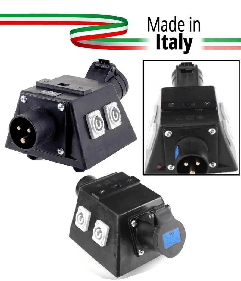 POWER-BOX NERO SPLITTER PALCO/TRUSS CIABATTA ALIMENTAZIONE MADE IN ITALY SPIA RETE INGRESSO SPINA 16A 3P USCITE 4 POWERCON 20A 3P 1 PRESA CEE 16A 3P LOOP