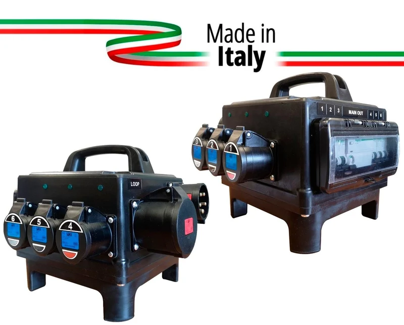 POWERBOX TARTARUGA GOMMA BUTILICA VULCANIZZATA SPINA PANNELLO 32A 5P 6 PRESE CEE 16A 3P SPIE RETE DOPPIA PROTEZIONE RCCB 40A + 6 MCB