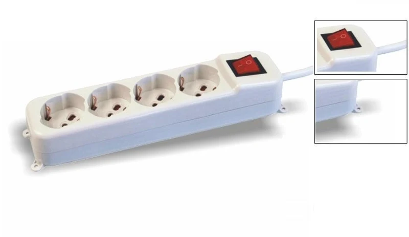 CIABATTA MULTIPRESA TRIVALENTE 4 USCITE 2P+T 10A-16A-SCHUKO PRESE FISSAGGIO INTERRUTTORE LUMINOSO 2P CAVO CORRENTE 1.5MT 3X1.5MM2