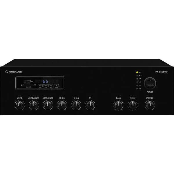 Monacor PA-812DMP Amplimixer 100V da 120W Lettore MP3 con Bluetooth,USB, SD, radio FM, display a LED
