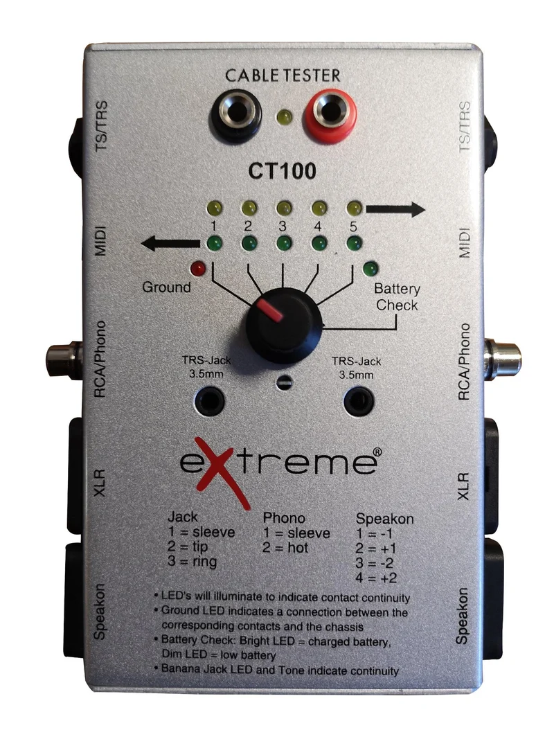 EXTREME CT100 TESTACAVI CABLE TESTER TESTA CAVI XLR JACK RCA SPEAKON MIDI TESTA CAVI AUDIO