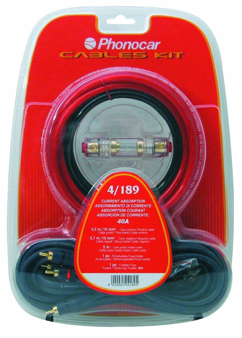 Set cavi e accessori con cavi sez. 10 mm2 + cavo audio + portafusibile + fusibile Phonocar 04189
