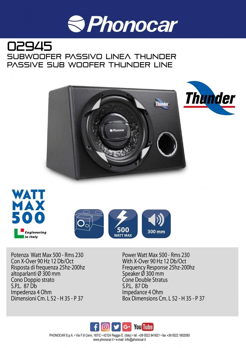 Phonocar 02945 Subwoofer passivo in cassa 500W 300mm (12'')