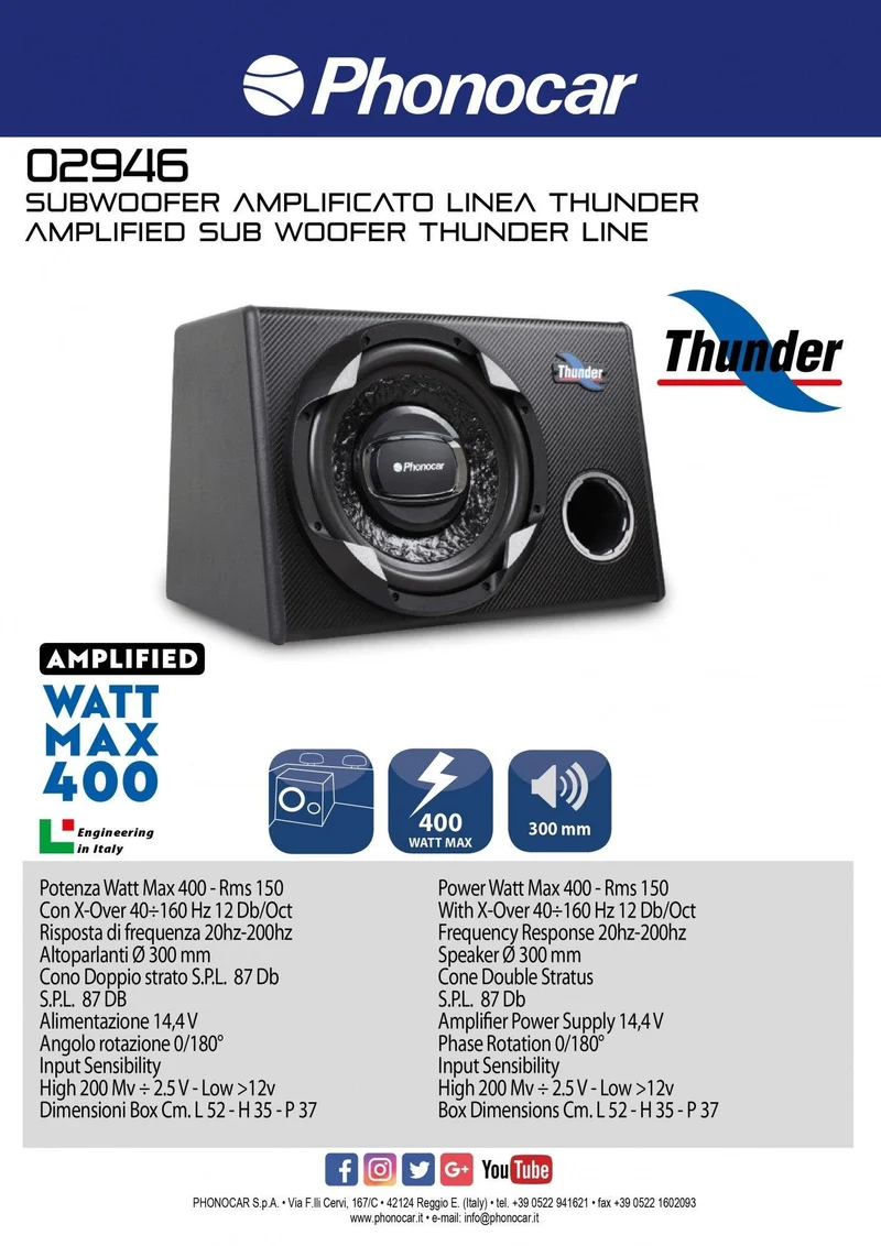 Subwoofer in cassa amplificato Phonocar 02946 400W 300mm (12'')