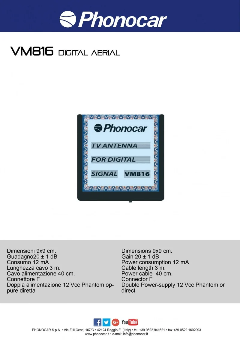 Phonocar VM816 Antenna TV portabollo amplificata per segnale digitale