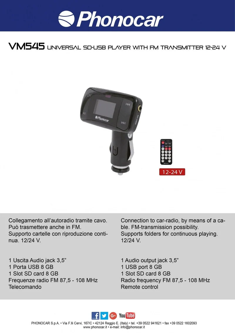 Phonocar VM545 Trasmettitore FM 12-24 V USB - SD CARD