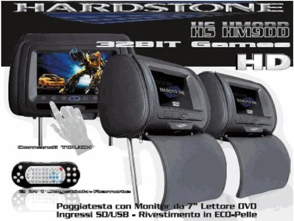 HSHM9DD HARDSTONE Poggiatesta (Coppia ) pelle nera con monitor Alta definizione + lettore DVD, USB SD 800x480