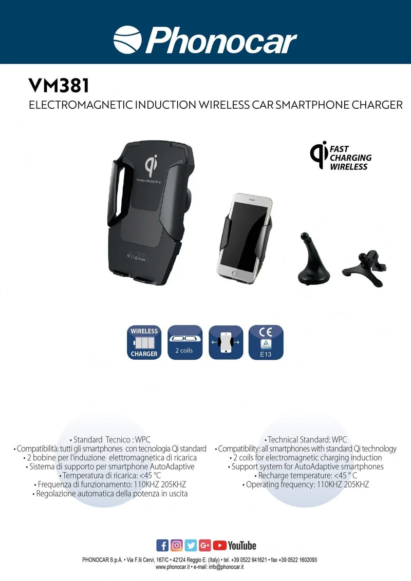 Phonocar VM381 Caricabatteria wireless per smartphone a induzione