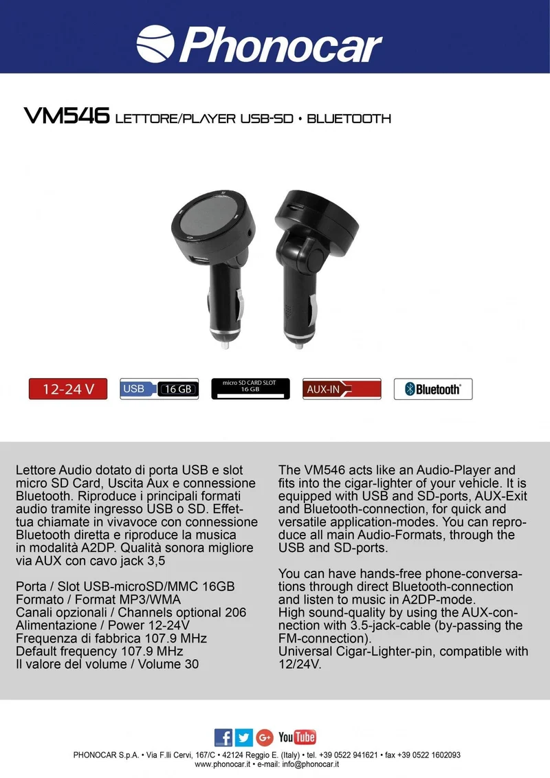 Phonocar VM546 Trasmettitore FM 12-24 V Bluetooth USB - SD CARD