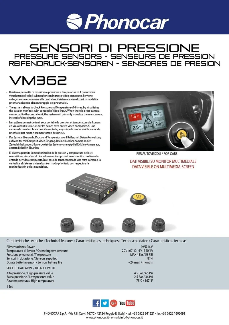 Phonocar VM362 Kit 4 sensori per monitoraggio pressione gomme Wireless su monitor
