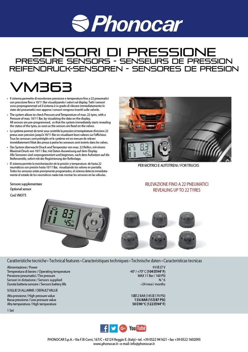 Phonocar VM363 Kit 6 sensori per monitoraggio pressione gomme WIRELESS per motrici autotreni
