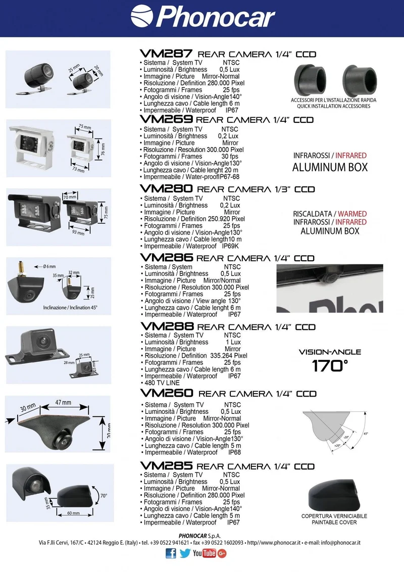Phonocar VM280 Retrocamera orientabile 1/3 CCD Riscaldata per Camper