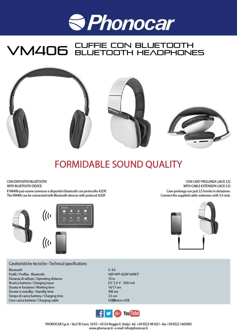 Phonocar VM406 Cuffie audio Bluetooth Wireless