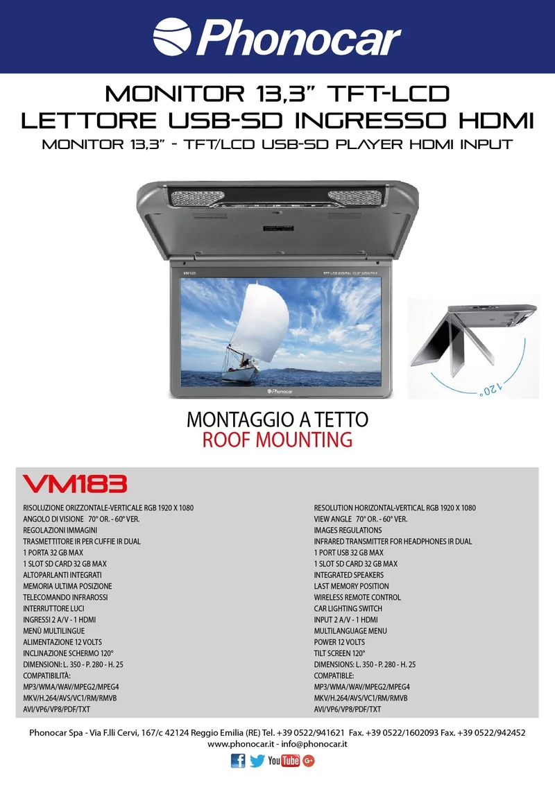 Phonocar VM183 Monitor da tetto 13,3" TFT/LCD USB-SD HDMI