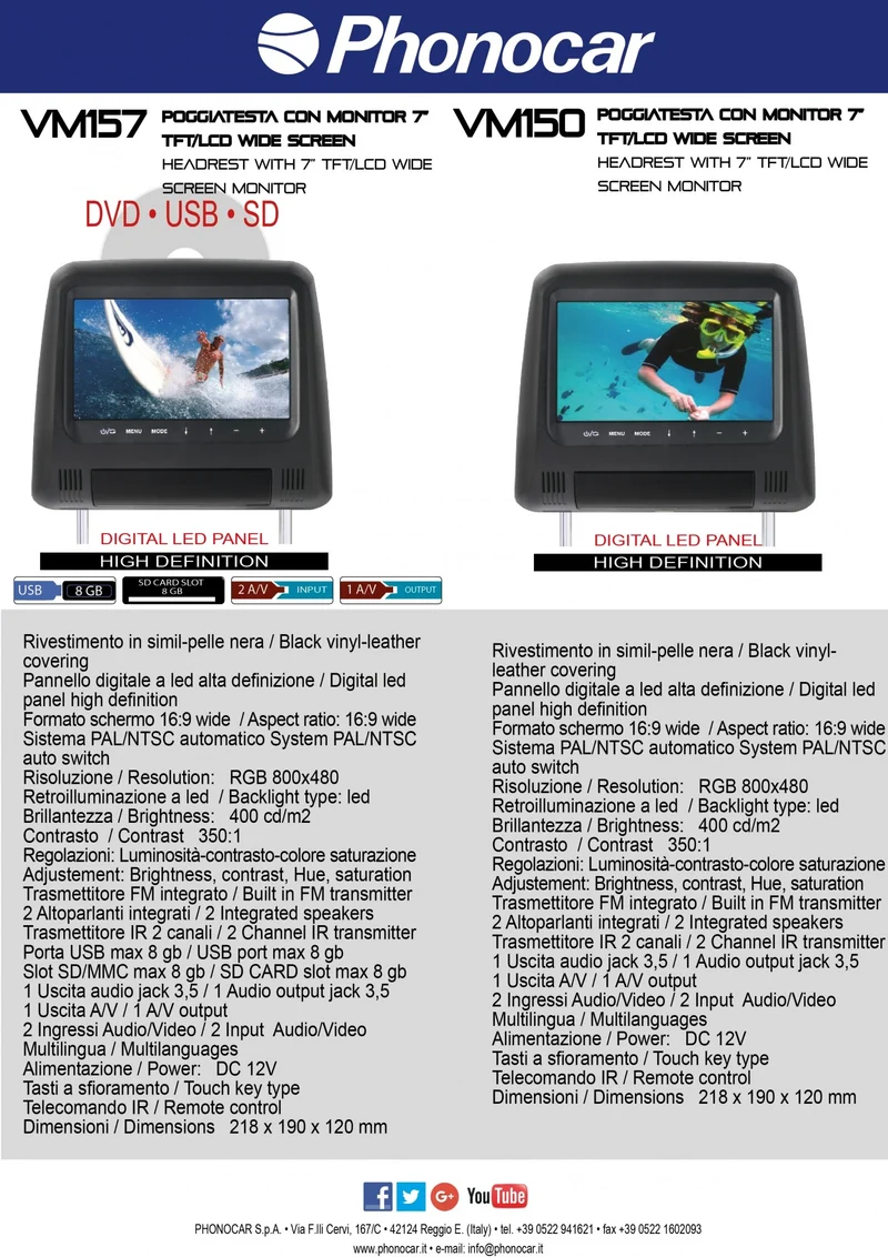 Phonocar VM150 Poggiatesta monitor LCD 7" PAL/NTSC 4:3, Risoluzione 800 x 480