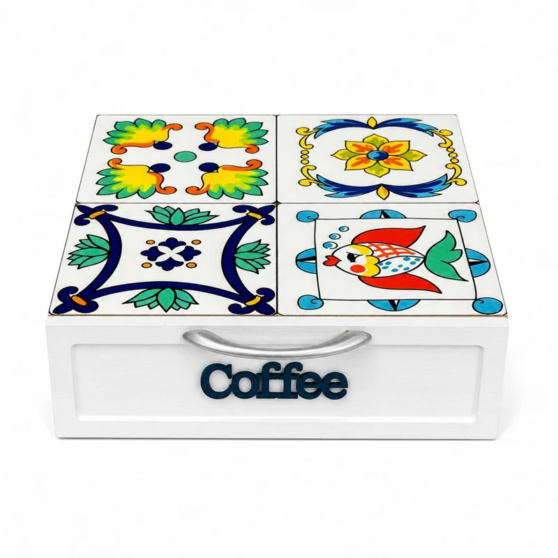 Cassetto Porta Cialde Caffè 3 Scomparti Legno Bianco Maioliche Pesce 30x30x10 cm