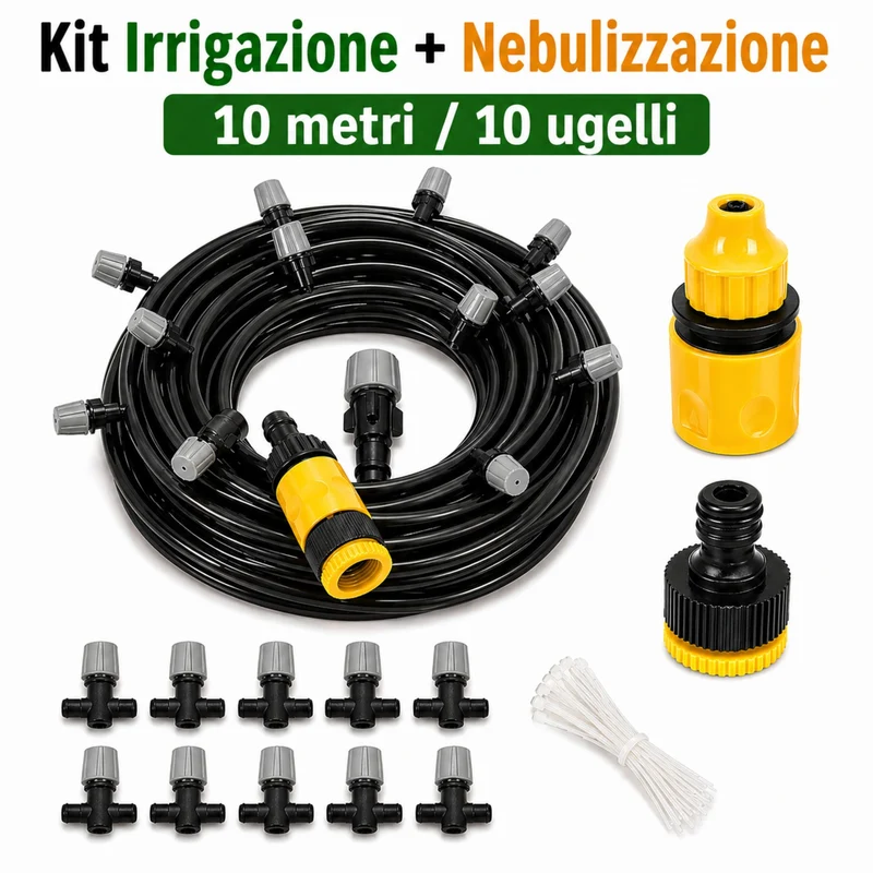 Kit Irrigazione a Goccia 10m Ugelli Nebulizzazione Raffrescante Giardino Balcone