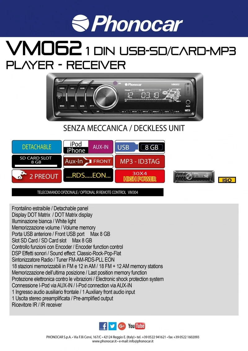Phonocar VM062 Autoradio 1 Din USB-SD-MP3 + AUX-IN