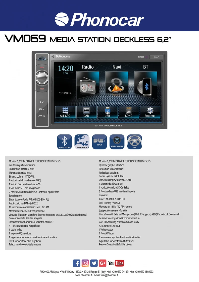 PHONOCAR VM068E SINTO-SD-USB TOUCH 6,2" CON BLUETOOTH E GPS + MAPPA EUROPA NV980