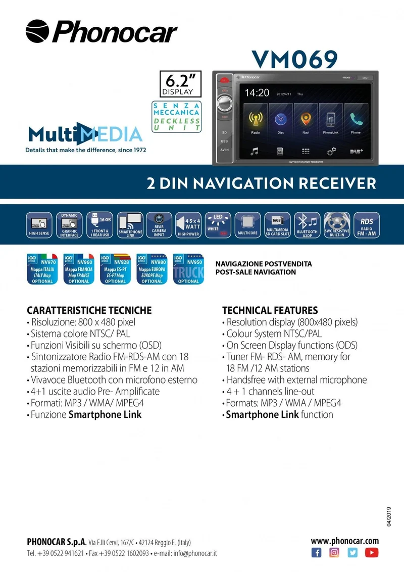 PHONOCAR VM069M Media Station 6.2 pollici con GPS, Smartphone Link, USB + mappa ITALIA NV970