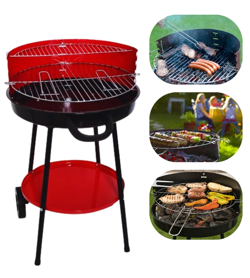 Barbecue a Carbone Tondo Doppia Griglia Paravento e Ripiano 52x 59 x 82H Cm